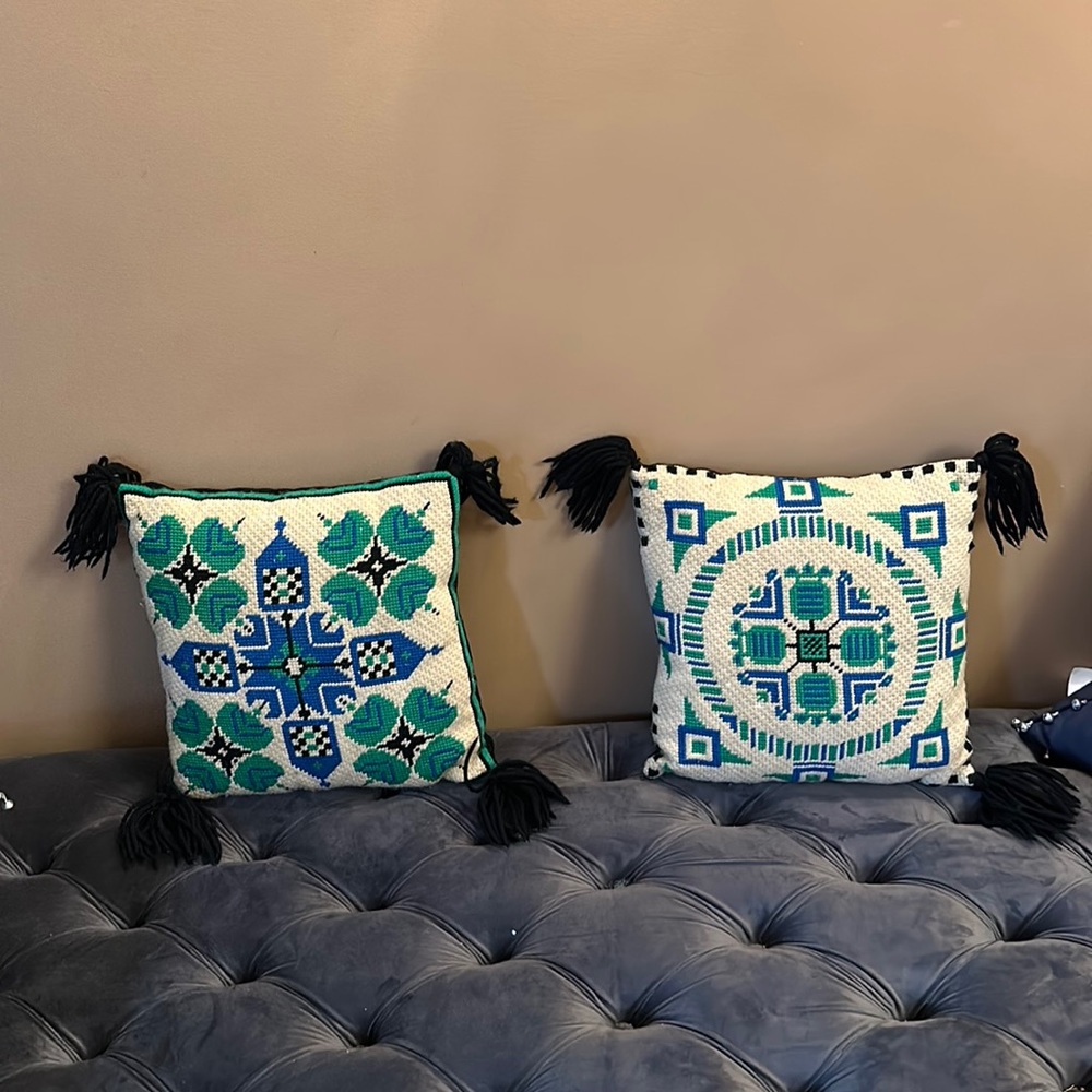 Vintage hand artisan set of throw pillows ethnic Moroccan loom needlepoint OOAK